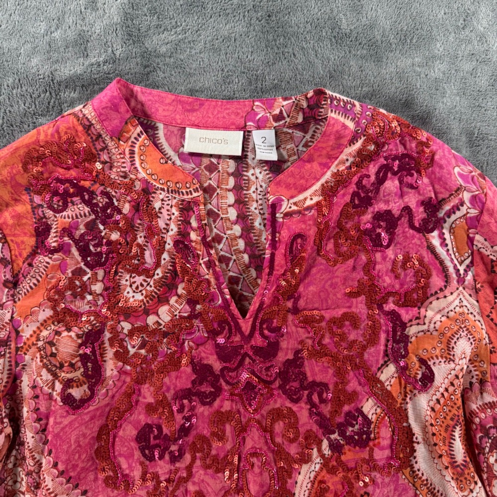 Chico's Tunic Top Women Size 2 Pink Paisley Sequin Embellished Cotton 3/4 Sleeve